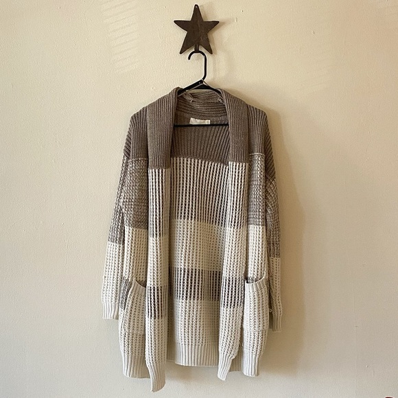 Sweaters - Beige Striped Oversized Cardigan
